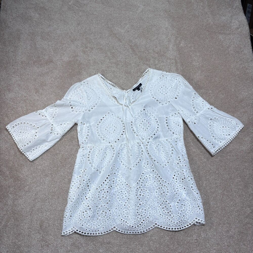 CHARLIE Eyelet Shirt Blouse Womens S White 3/4 Balloon Sleeve  NWT